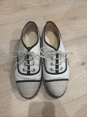 CHANEL Ivory and Black Lace-Up Espadrille Flats 40